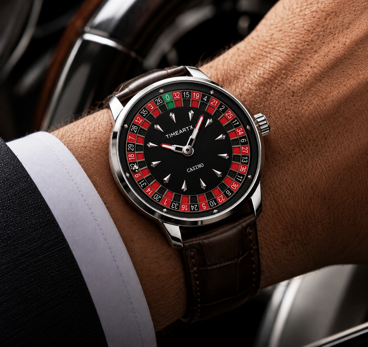 TimeART Model X Casino – srebrna koperta, skórzany pasek
