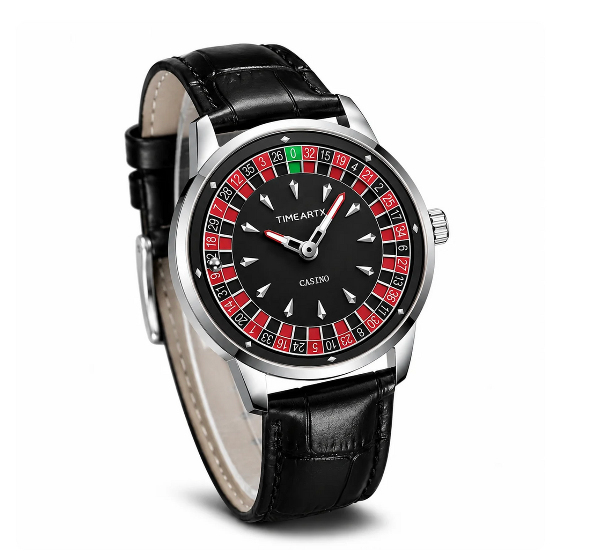 TimeART Model X Casino – srebrna koperta, skórzany pasek